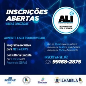 Secretaria de Desenvolvimento Econômico e Turismo e o Posto Sebrae Aqui prorrogam o período de inscrição para o programa “Agente Local de Inovação – ALI” até o dia 31 de janeiro.