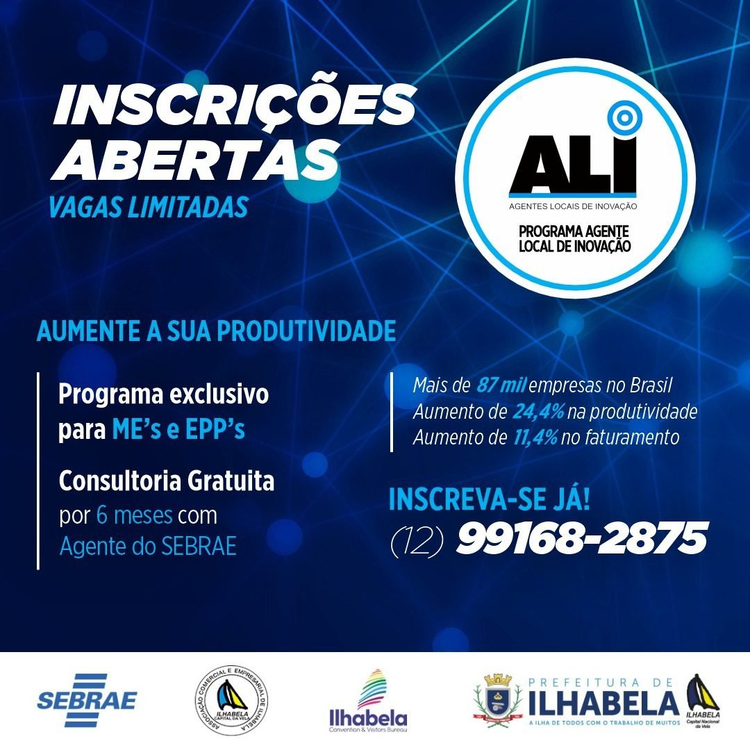 Secretaria de Desenvolvimento Econômico e Turismo e o Posto Sebrae Aqui prorrogam o período de inscrição para o programa “Agente Local de Inovação – ALI” até o dia 31 de janeiro.