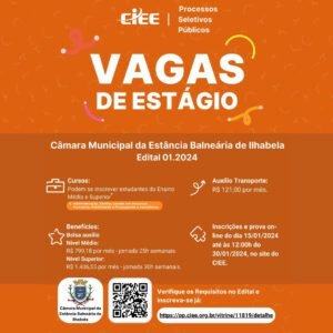A Câmara de Ilhabela, em parceria com o Centro de Integração Empresa-Escola (CIEE), abre na próxima segunda-feira (15/01), processo seletivo on-line para formação de cadastro reserva para estagiários para alunos matriculados nos ensinos de nível médio e superior.