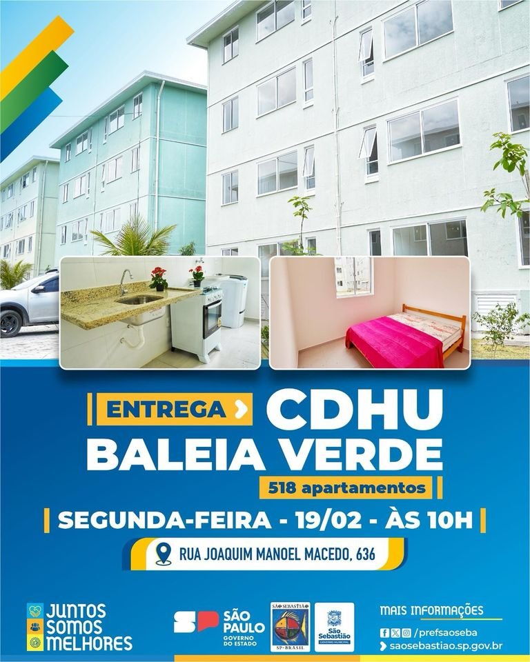 A Prefeitura de São Sebastião, em parceria com o Governo do Estado de São Paulo e a Companhia de Desenvolvimento Habitacional e Urbano (CDHU), estará realizando a entrega dos 518 apartamentos do Conjunto Habitacional Baleia Verde, localizado na Costa Sul do município.