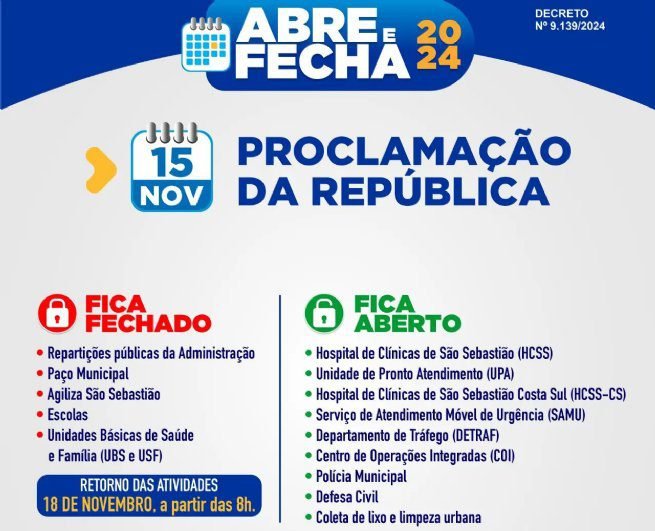 Conheça o funcionamento dos serviços públicos em São Sebastião durante o Feriado da Proclamação da República.
