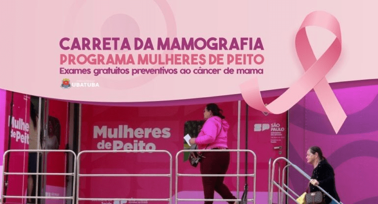 Não perca! A Carreta da Mamografia fará atendimento em Ubatuba de 18 a 29 de março. Exames gratuitos para prevenção do câncer de mama.