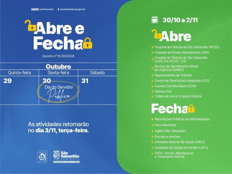Prefeitura de São Sebastião informa funcionamento dos serviços públicos durante feriado prolongado
